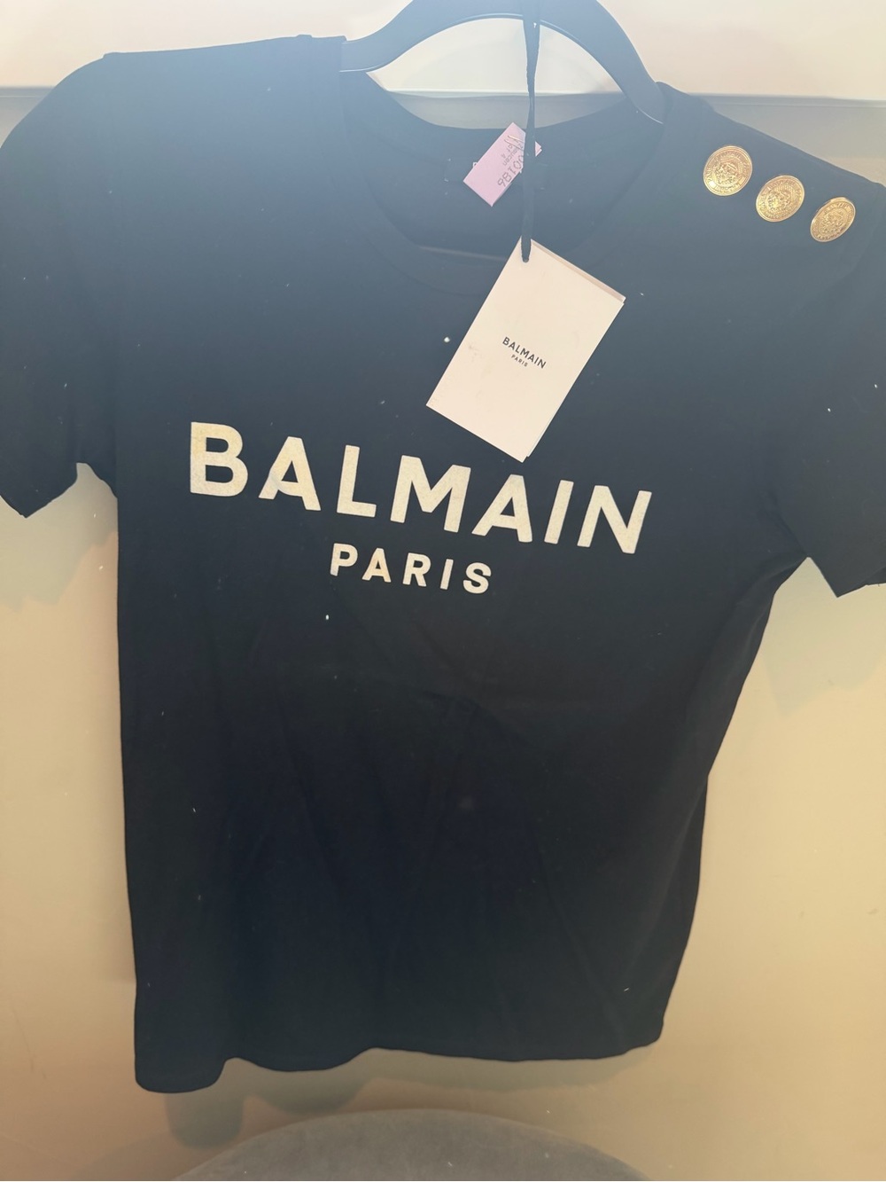 Balmain Black Logo Tee with Gold Medallion Buttons